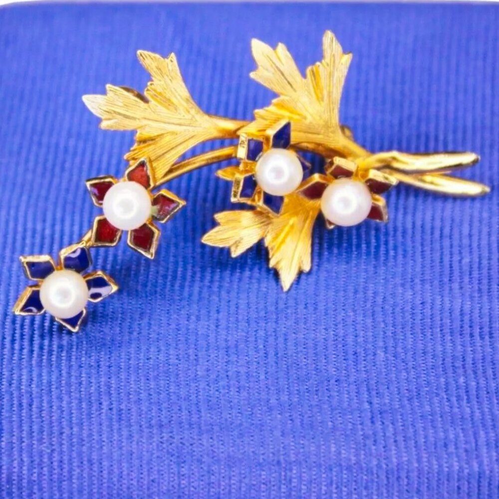 Vintage Turin Inc. 1/20 12k Yellow Gold Filled Enamel & Pearl Flower Brooch Pin